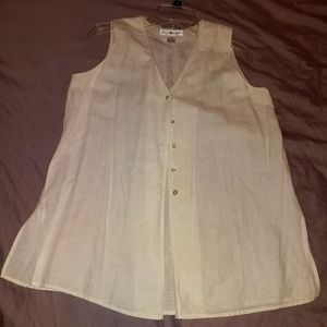 Linen button up. Sleeveless, white, tailored top.